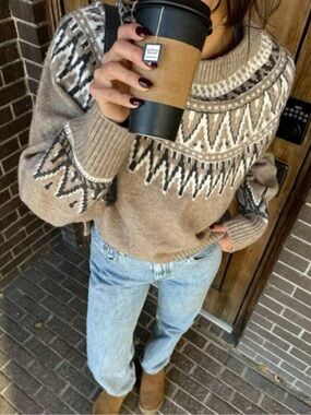 Cozy Fair Isle Crewneck Sweater in Taupe